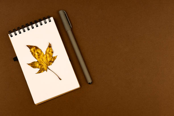 istock Autumn busines concept - blank ring-bound notebook with golden maple leaf and pen on brown background with copy space 1278558105