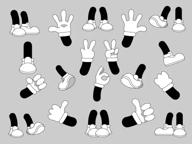 Vector illustration of Gloved hands with various gestures, various comic hands in white gloves vector illustration set.