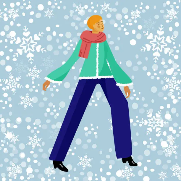 Vector illustration of Happy Fashion girl winter. Christmas holiday. Winter background ,blue collar white snowflake