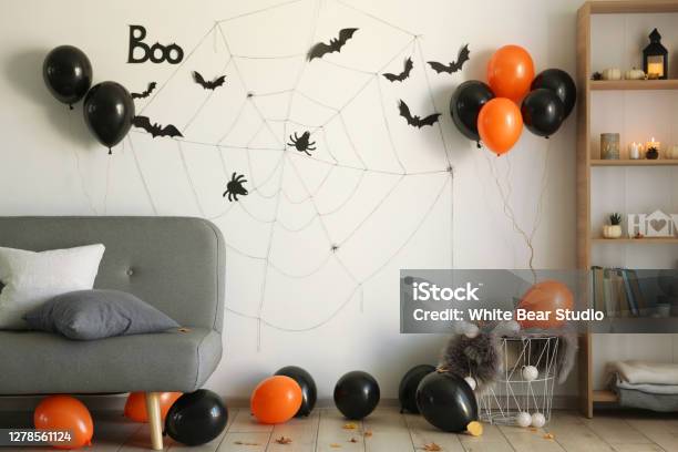 Room Interior Decorated For Halloween Stock Photo - Download Image Now - Halloween, Home Interior, Decoration