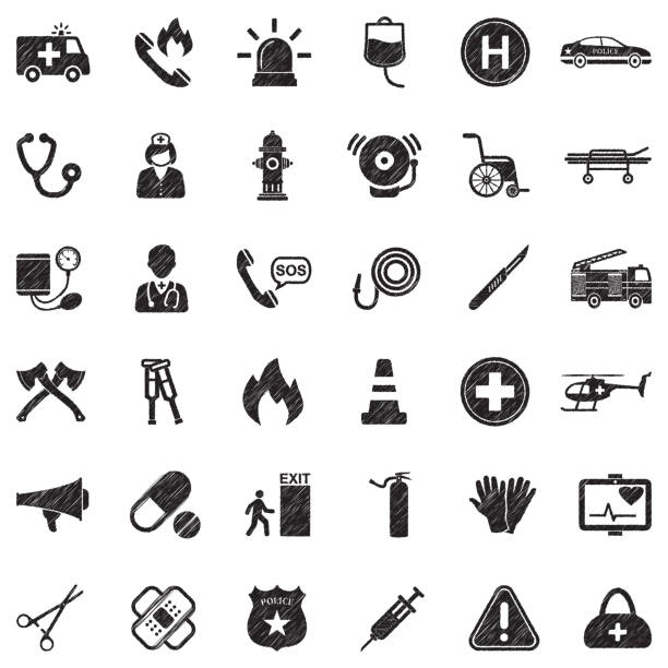 Emergency Icons. Black Scribble Design. Vector Illustration. Hospital, Police, Fire hospital emergency stock illustrations
