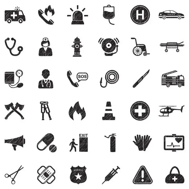 Vector illustration of Emergency Icons. Black Scribble Design. Vector Illustration.