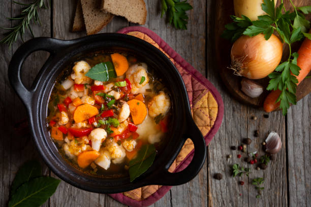 istock Vegetable soup with cauliflower, laurel and other vegetables 1278561787