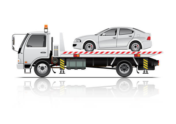 sliding tow truck VECTOR EPS10 - tow truck and car, isolated on white background. tow truck stock illustrations