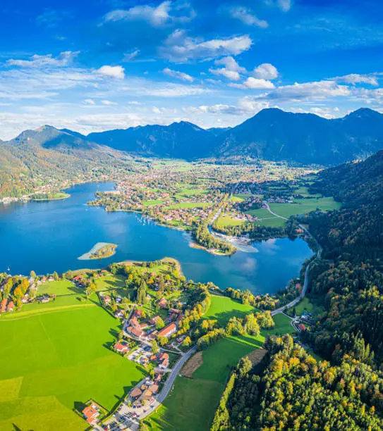 Tegernsee Lake. Beauty in Nature. Aerial Panorama Shot in Autumn. Sunset at Travel Location
Bavaria, Germany, Europe