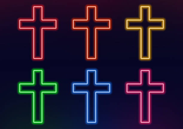 Neon frame. Set of neon crosses in different colors. Laser glowing lines on a black background. Neon frame. Set of neon crosses in different colors. Laser glowing lines on a black background. electronic discovery stock illustrations