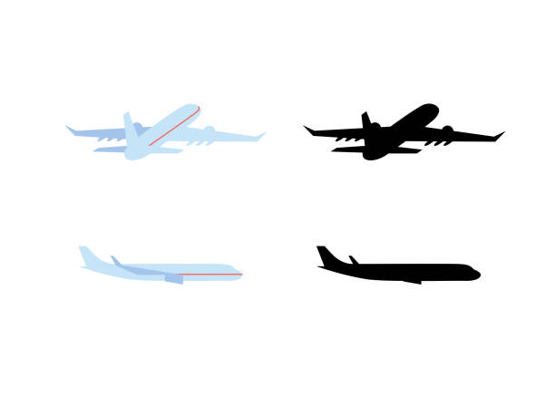 Airplane in flight back and side view isolated on white background. Airplane in flight back and side view isolated on white background. Black silhouette and flat style. Vector illustration. charter stock illustrations