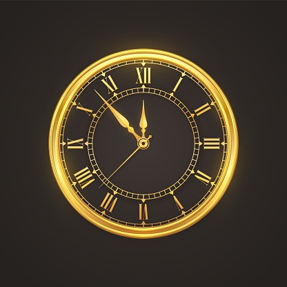 Golden shiny watch with Roman numeral and countdown midnight, eve for New Year. Festive clock face design element. Merry Christmas. Xmas holiday. Vector illustration