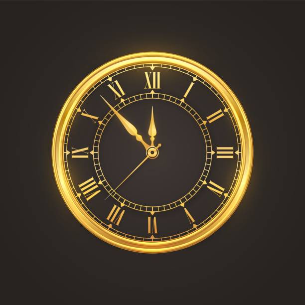 Golden shiny watch with Roman numeral and countdown midnight, eve for New Year. Festive clock face design element. Merry Christmas. Xmas holiday. Vector illustration. Golden shiny watch with Roman numeral and countdown midnight, eve for New Year. Festive clock face design element. Merry Christmas. Xmas holiday. Vector illustration midnight stock illustrations