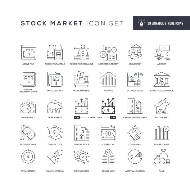 ilustrações, clipart, desenhos animados e ícones de ícones da linha de traçado editável do mercado de ações - bolsa de valores