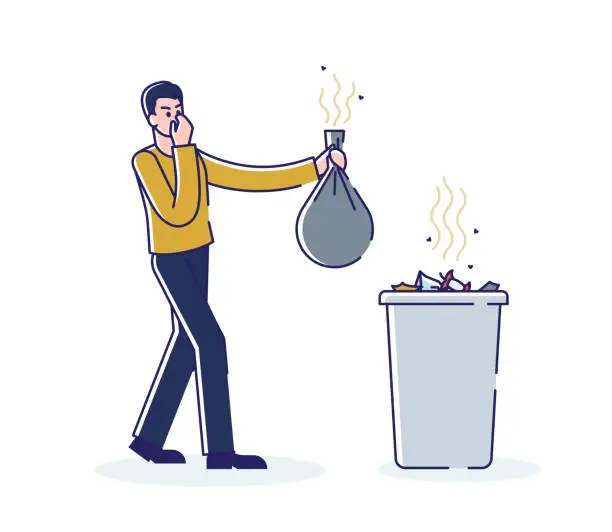 Vector illustration of Man holding smelly bag of waste. Male throwing stinky garbage in trash bin