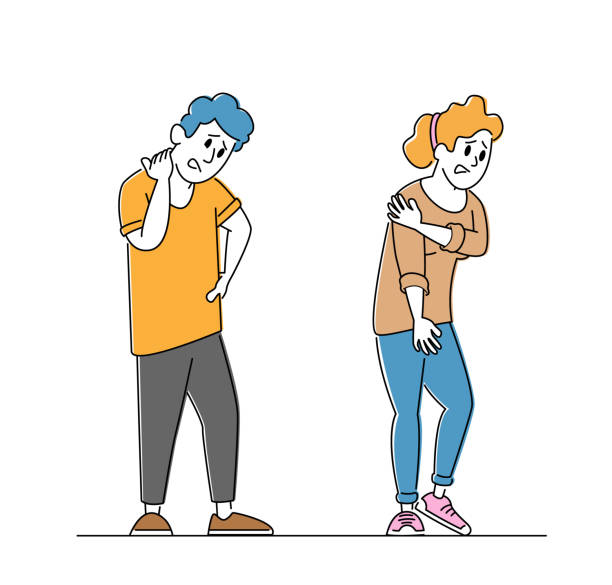 masalah kesehatan, gejala penyakit dan konsep penyakit tubuh tidak sehat. sepasang pria dan wanita merasakan sakit yang kuat - bagian tubuh manusia ilustrasi stok