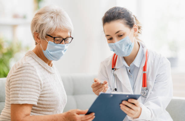 istock Doctor and senior woman wearing facemasks 1278569775