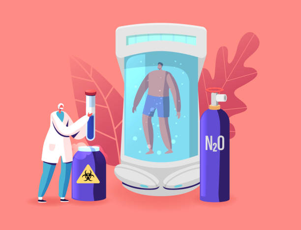 illustrations, cliparts, dessins animés et icônes de cryonics technology research concept. caractère scientifique féminin mettre la fiole de verre dans le récipient avec l’oxyde d’azote - cryobiology