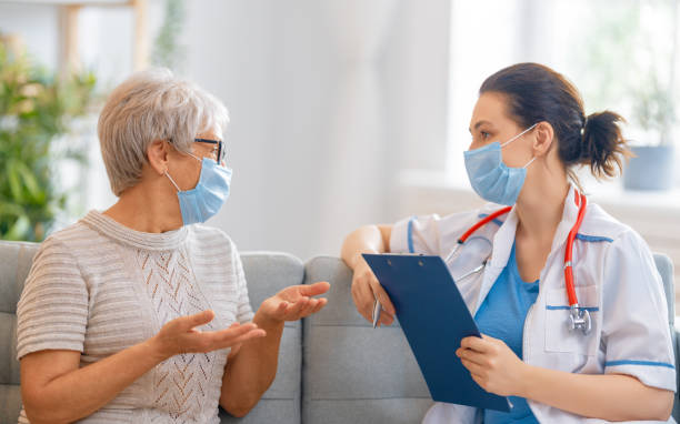 istock Doctor and senior woman wearing facemasks 1278569904