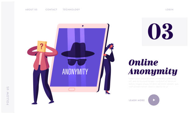 Anonymity Landing Page Template. Tiny Female Character at Huge Tablet Pc Device with Anonymous Unrecognizable Profile Anonymity Landing Page Template. Tiny Female Character at Huge Tablet Pc Device with Anonymous Unrecognizable Profile, Person with Pack with Question Mark on Head. Cartoon People Vector Illustration anonymous interview stock illustrations