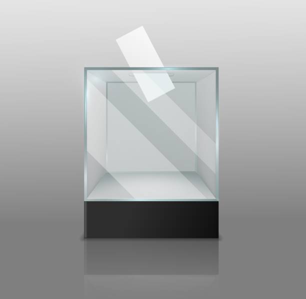 istock Ballot box. Empty transparent case with voting paper in hole, confidential election survey, glass or plastic square showcase on black podium realistic 3d vector isolated object 1278570398