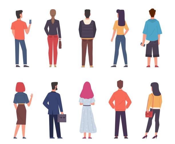 ilustrações de stock, clip art, desenhos animados e ícones de people back view. men, women in casual clothes standing together in various poses set, male and female persons from back side with phones and bags collection. flat vector characters - back