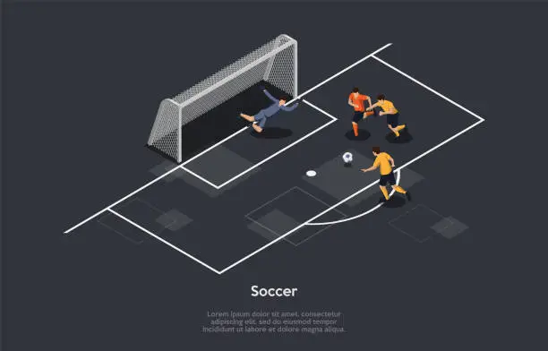 Vector illustration of Sport, Football Concept. Soccer Players, Football Team Players Kicking The Ball On The Soccer Field Section. Soccer Game Or Match, Football Tournamnet In Process. 3d Isometric Vector Illustration