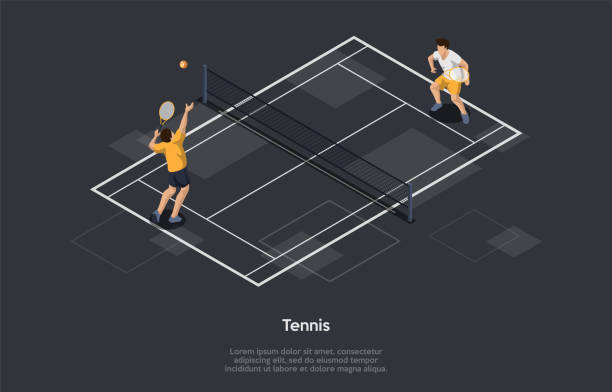 ilustrações de stock, clip art, desenhos animados e ícones de tennis, racket sport concept. players maneuvering the ball with tennis rackets in such a way that the opponent is not able to play a valid return. 3d isometric vector illustration on grey background - tennis court men racket