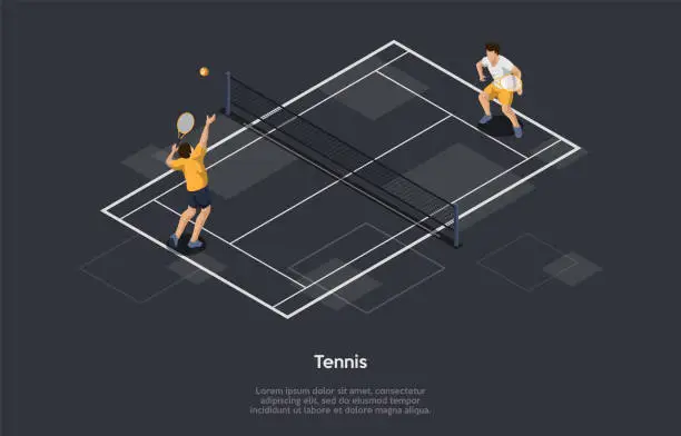 Vector illustration of Tennis, Racket Sport Concept. Players Maneuvering The Ball With Tennis Rackets In Such A Way That The Opponent Is Not Able To Play A Valid Return. 3d Isometric Vector Illustration On Grey Background