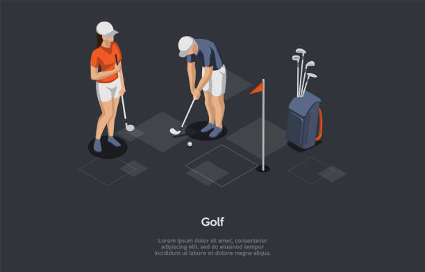 ilustraciones, imágenes clip art, dibujos animados e iconos de stock de golf, hobby, modern ball games concept. jugadores que utilizan equipos de golf y varios palos para golpear bolas en una serie de agujeros en un campo en el menor número de golpes posible. ilustración vectorial isométrica 3d - practicing golf putting golf flag