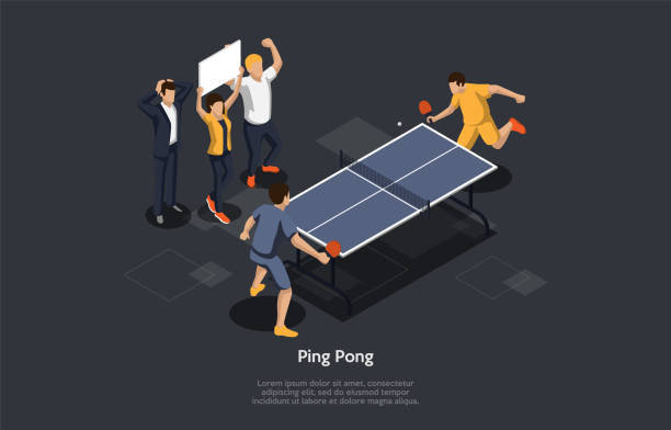 ilustrações, clipart, desenhos animados e ícones de esporte, tênis de mesa, ping pong, whiff-whaff concept. os jogadores acertam uma bola de ping-pong leve para frente e para trás na mesa devida por uma rede usando pequenas raquetes. ilustração simples do vetor isométrico 3d - tennis court sport net