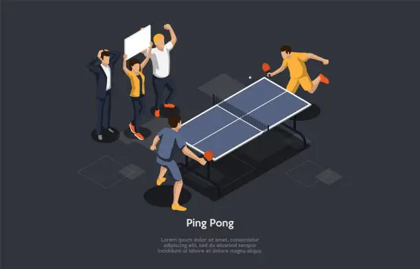 Vector illustration of Sport, Table Tennis, Ping Pong, Whiff-Whaff Concept. Players Hit A Lightweight Ping-pong Ball Back And Forth Across Table Devided By A Net Using Small Rackets. Simple 3d Isometric Vector Illustration