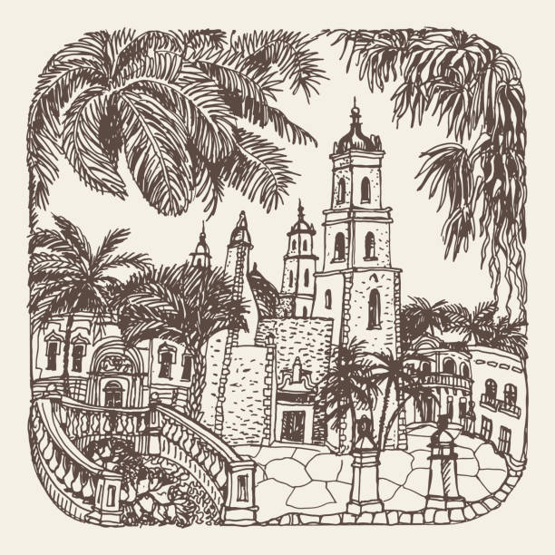 Vector hand drawn trace of fantasy urban Mexican landscape with palms, medieval town street houses, church. Brown doodle sketch on a beige. Tee shirt print, brochure cover, adults coloring book page