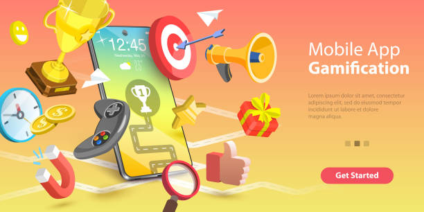 Mobile App Gamification, Interactive Content For Audience Engaging. Mobile App Gamification, Interactive Content For Audience Engaging, Encouraging Customers to Earn Rewards. 3D Vector Conceptual Illustration. gamification badge stock illustrations