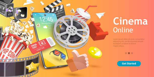 모바일 시네마, 온라인 영화 앱, 시네마토그래피 및 영화 제작, 티켓 주문. - technology backgrounds video stock illustrations