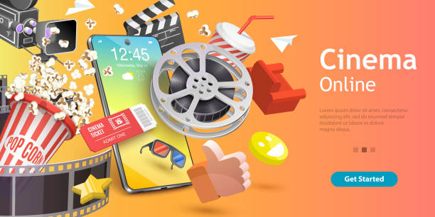 Mobile Cinema, Online Movie App, Cinematography and Filmmaking, Ticket Ordering. Mobile Cinema, Online Movie App, Cinematography and Filmmaking, Ticket Ordering. 3D Vector Conceptual Illustration. technology backgrounds video stock illustrations