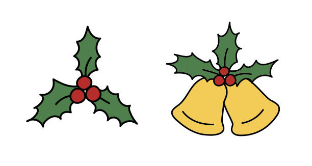 ilustrações, clipart, desenhos animados e ícones de conjunto de ilustração de folha de natal, frutas e sinos - bell christmas holly drawing