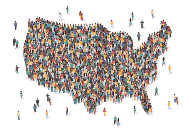많은 사람들로 만든 미국지도, 큰 군중 모양. 사람들의 그룹은 우리 국가지도 형성에 머물러 있습니다. 이민, 선거, 다문화 다양성 인구 개념. 벡터 등등 측정 그림 - 미국 stock illustrations