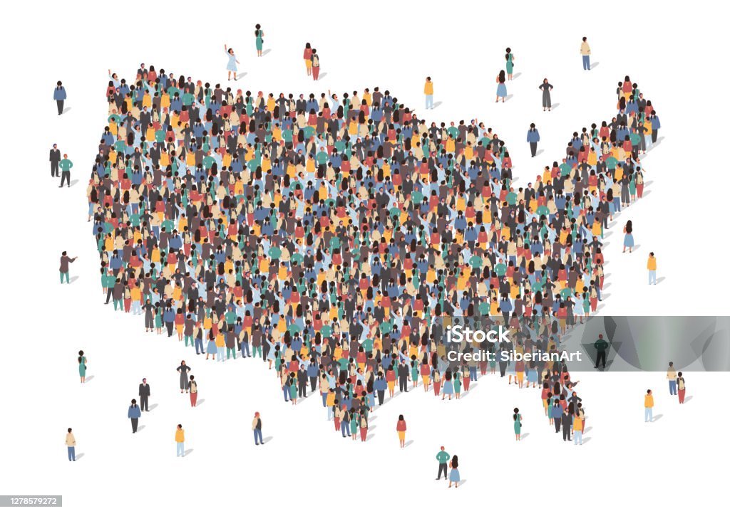 USA map made of many people, large crowd shape. Group of people stay in us country map formation. Immigration, election, multicultural diversity population concept. Vector isometric illustration USA map made of many people, large crowd shape. Group of people stay in us country map formation. Immigration, election, multicultural diversity population concept. Vector isometric illustration. USA stock vector