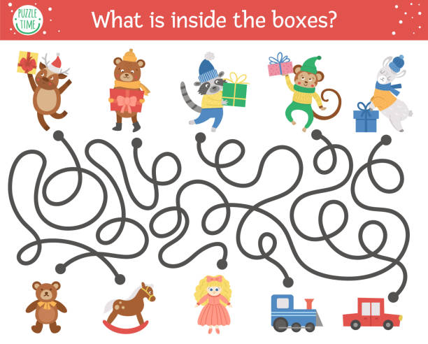 ilustrações de stock, clip art, desenhos animados e ícones de christmas maze for children. winter new year preschool printable educational activity. funny holiday game or puzzle with cute animals, presents and toys. what is inside the boxes? - 3369