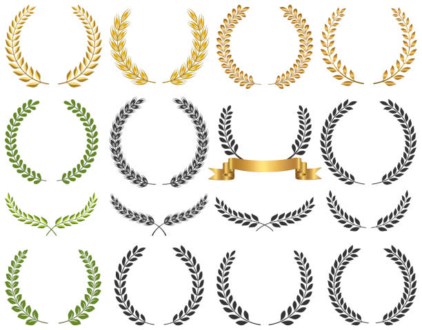 ilustraciones, imágenes clip art, dibujos animados e iconos de stock de conjunto vectorial de corona de laurel - gold medal medal certificate ribbon