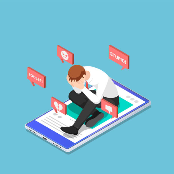 Isometric Depressed Businessman Sitting on The Smartphone with Hate Speech from Social Media Flat 3d Isometric Depressed Businessman Sitting on The Smartphone with Hate Speech from Social Media. Social Network and Cyberbullying Concept. humiliate stock illustrations