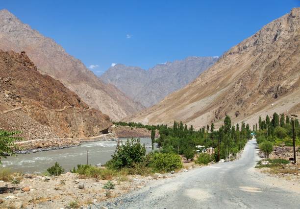 Pamir highway M41 international roa or pamirskij trakt. Panj river and Pamir mountains. Panj is upper part of Amu Darya river. Panoramic view.Tajikistan and Afghanistan border, Gorno-badakhshan region