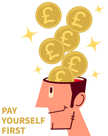 Financial Characters Vector Art Illustration.
Money (British Pound Currency) are flying into (or flying out of) a man's open head; Pay yourself first; Never stop learning; To invest in yourself.