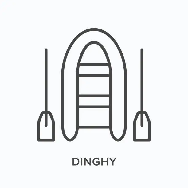 Vector illustration of Inflatable boat flat line icon. Vector outline illustration of fishing dingy, water transportation with paddle thin linear pictogram