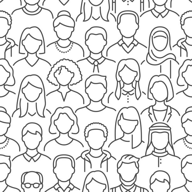tłum ludzi wektor bez szwu wzór. monochromatyczne tło z różnorodnymi nierozpoznawalnymi biznesmenami, ikonami linii kobiecej. czarna biała ilustracja koloru - group of people stock illustrations
