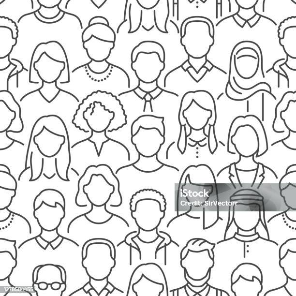 人群向量無縫模式單色背景與各種無法辨認的商業男性女性線圖示黑白彩色插圖向量圖形及更多人圖片 - 人, 多族裔群種, 多樣性