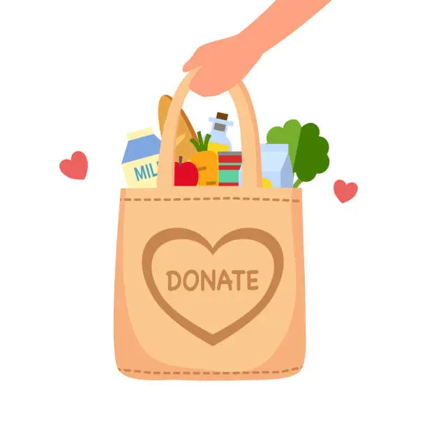 Vector illustration of Sharing food to people. Food donation concept. Man hand holding bag full of food in flat design vector illustration on white background. Time for charity.