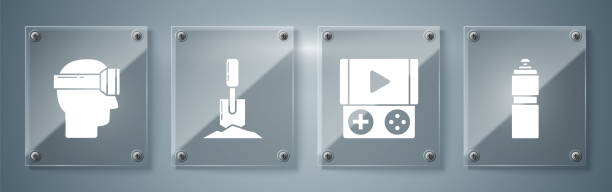 ustaw shaker fitness, przenośną konsolę do gier wideo, łopatę w ziemi i okulary wirtualnej rzeczywistości. kwadratowe szklane panele. wektor - control panel power switch video game stock illustrations
