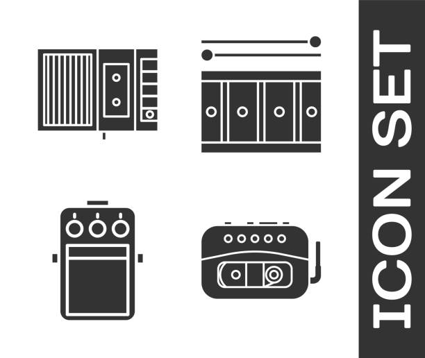 ilustraciones, imágenes clip art, dibujos animados e iconos de stock de establecer reproductor de cinta de música, reproductor de cinta de música, pedal de guitarra y tambor con el icono de palos de batería. vector - guitar photographic effects guitar pedal amplifier