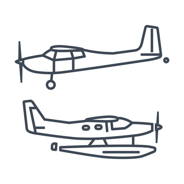 Thin line vector icon private airplane, seaplane, hydroplane vector art illustration