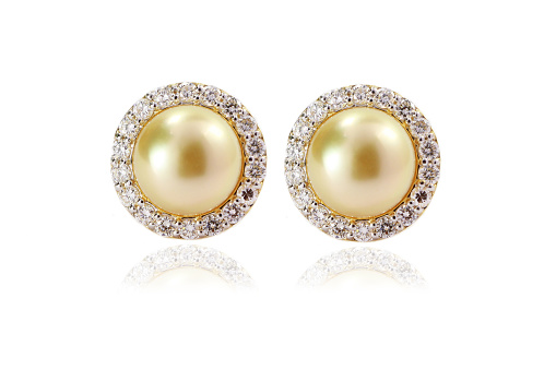 Yellow South Sea Pearl Earring with Prong Studded Diamond Halo Earring in Yellow Gold