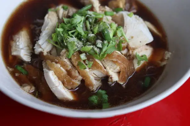 Photo of Thai style of chicken noodle with bitter gourd in white bowl on red table background.