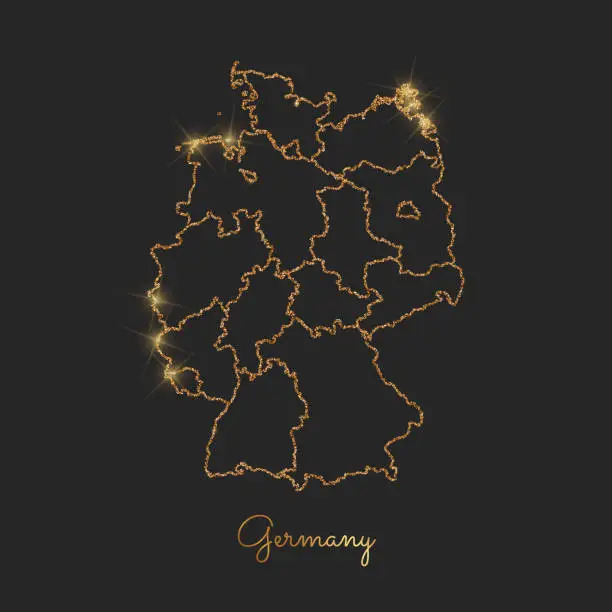 Vector illustration of Germany region map: golden glitter outline with sparkling stars on dark background.